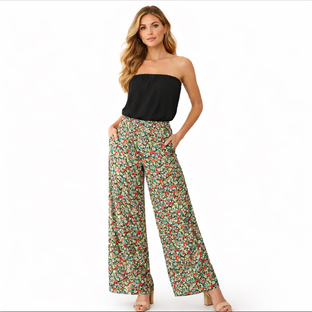 MAD MODELE strapless black floral flare jumpsuit small